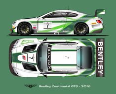 the bentley continental gt3 race car is shown in green and white stripes on it's side