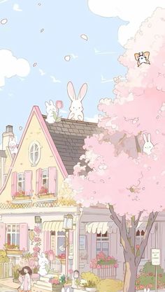 an image of a house with rabbits on the roof and people walking around in front