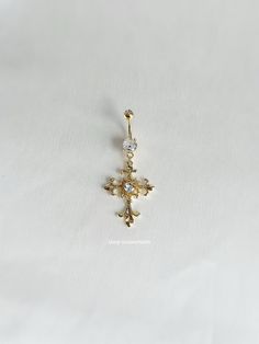 - 14g - 10mm bar - Surgical steel bar - Cubic zirconia brass charm Gold Cross Belly Button Piercing, Dangly Belly Piercing Ideas, Gold Belly Ring As A Gift, Cross Belly Button Piercing, Tummy Piercing, Cute Belly Button Rings, Naval Piercing, Belly Button Rings Dangle, October Jewelry