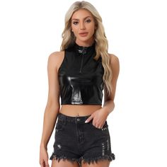 Check out this stunning holographic crop top! With its metallic color, mock neck, zipper front, and sleeveless, slightly stretchy design, this top is perfect for any upcoming festival or party. The stylish and charming metal fabric will make you stand out in the disco, night out, and party crowd. Pair it with high-waist PU leather pants, shorts, or mini skirts for a cool Y2K style that's sure to turn heads. Trendy Sleeveless Crop Top With Zipper Closure, Spring Club Tops With Zipper Closure, Stretch Crop Top With Zipper Closure, Stretch Cropped Crop Top With Zipper Closure, Fitted Tops With Zipper Closure For Club, Trendy Party Tops With Zipper Closure, Trendy Cropped Top With Zipper Closure, Trendy Cropped Tops With Zipper Closure, Black Cropped Top With Zipper Closure