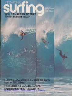 the front cover of an international surfing magazine, featuring surfers on their surfboards