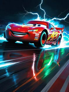 the lightning from cars is shown in this animated movie poster for disney pixama