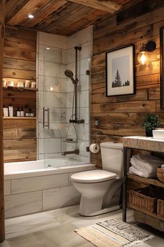 15 Gorgeous Shiplap Bathroom Styles To Impress Your Guests Tiny Rustic Bathroom Ideas, Bathroom Wall Ideas Wood, Cedar Wall Bathroom, Interior Cabin Walls Ideas, Rustic Mountain Bathroom, Small Rustic Cabin Interiors, 6x10 Bathroom Layout, Knotty Pine Bathroom, Rustic Guest Bathroom