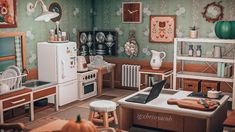 a kitchen filled with lots of wooden furniture and green wallpapered walls next to a white stove top oven