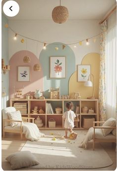 Playroom With Carpet, Montessori Playroom Bedroom, Furniture For Kids Room, Kids Bedroom Play Area, Fun Playroom Design, Playroom Pastel Colors, Playroom Inspiration Colorful, Muted Color Playroom, Playroom Lounge Ideas