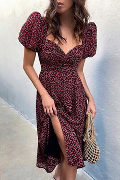 Sweetheart Neckline Pattern, Floral Print Dress Summer, Blue Sundress, Backless Midi Dress, Vestidos Vintage, Midi Short Sleeve Dress, Vestido Casual, Puffed Sleeves Dress, Trend Fashion