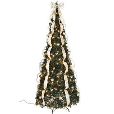 a decorated christmas tree with white lights and bows on it's top, against a white background