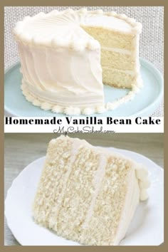 two pictures side by side of a vanilla bean cake and the same slice on a plate