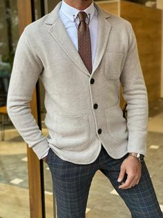 Bag Pocket, Beige Jacket, Fashion Business Casual, Pocket Cardigan, Collar Cardigan, Knit Blazer, Pocket Jacket, Knitwear Men, Men's Knit