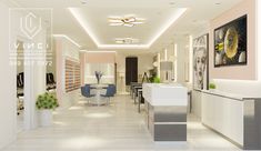 the interior of a modern fashion store with white and pink walls, flooring and furniture