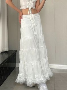 43049912991791|43049913024559|43049913057327 High-waisted White Gathered Bottoms, White Tiered Skirt With Drawstring, Solid Drawstring Long Skirt, Y2k Fall Outfits, White Long Skirt, Cake Skirt, High Waisted Pleated Skirt, Female Clothes, Skirt For Women