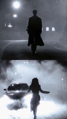 two different shots of a woman walking in the fog with a car driving by her