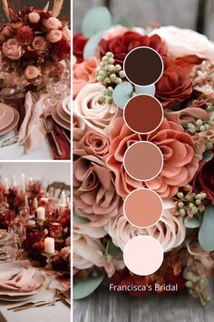 the wedding table is set with pink flowers and greenery in shades of peach, red, brown and white