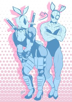 an image of two people in bunny suits holding swords and looking at each other while standing next to each other