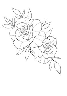 three roses with leaves are shown in this black and white drawing, it is easy to draw