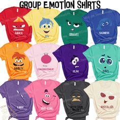 the group emotion shirts are all in different colors and sizes, with faces drawn on them