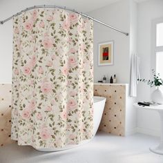 a bath room with a tub and a shower curtain