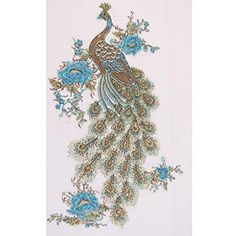 an embroidered peacock with blue flowers on a white background