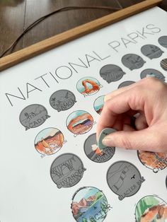 a person's hand is pointing at the national parks sticker on a poster