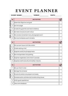 a printable event planner with pink and white lines on the top, in front of it