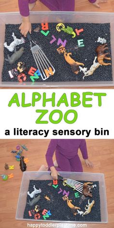 a child playing with alphabet zoo toys on the floor