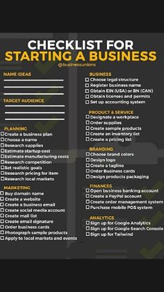 the checklist for starting a business is shown in black and yellow with orange accents