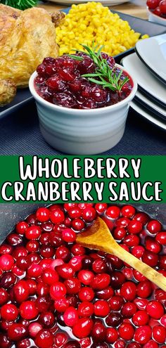 cranberry sauce in a white bowl with a wooden spoon on the side next to other dishes