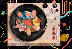 an illustration of a record player surrounded by confetti and streamers