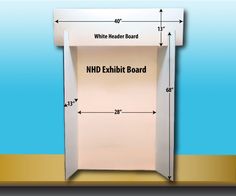 a white cardboard exhibit board with measurements for the height and width, on a blue background