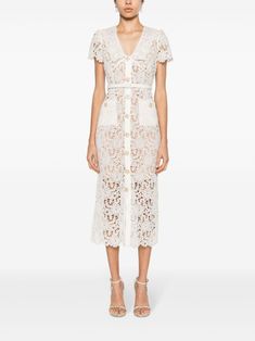 Self-Portrait floral-embroidered Lace Midi Dress - Farfetch Pencil Silhouette, Belted Midi Dress, Versace Outfit, Corded Lace, Yoko London, Fashion Board, Lace Midi, Lace Collar, Lace Midi Dress