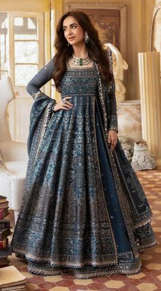 Gowns For Reception, Chiffon Anarkali, Long Frock Designs, Pakistani Designer Clothes, Asim Jofa, Blue Lehenga, Readymade Saree, Festive Collection, Embroidered Bodice