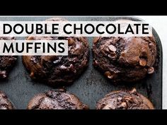 chocolate muffins on a baking sheet with the words double chocolate muffins