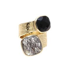 Beautiful stones and creative design combine in this unique wrap ring. Designed by Neetu Barathi the ring features a textured wide band of 18k gold plated sterling silver that wraps around the finger finishing in a rounded square faceted gemstones onyx on one end and rutilated quartz on the other end. Luxury Hammered Wide Band Jewelry, Contemporary Wide Band Jewelry Gift, Contemporary Wide Band Jewelry As Gift, Contemporary Wide Band Jewelry For Gift, Contemporary Gemstone Rings For Gift, Contemporary Gemstone Rings For Gifts, Contemporary Gemstone Jewelry Ring, Contemporary Gemstone Ring Jewelry, Onyx Colour