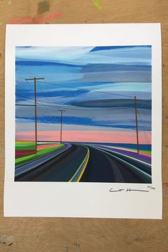 a painting of a road with power lines in the distance