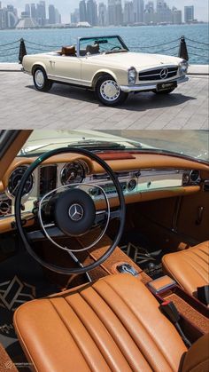 two pictures of the inside and outside of an old car with leather seats in front of it