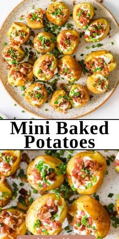 mini baked potatoes on a plate with the title above it and an image of small baked potatoes