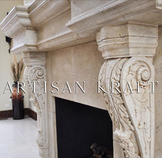 Grand Traditional Fireplace Mantel with corbels by Artisan Kraft. Shop our link below for more cast stone fireplace mantel surrounds. Solid Stone Fireplace, Large Fireplace Mantle, Limestone Fireplace Mantle, French Fireplaces, Travertine Texture, Mantle Inspiration, Mantel Installation, Traditional Fireplace Mantel