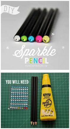 some pens and markers are sitting next to each other on a green board with the words diy sparkle pencils