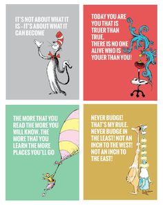 dr seuss and the cat in the hat are on four different colored cards, each with