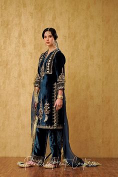 Blue Silk Velvet Punjabi Suit: Luxurious Ethnic Wear for Women – Panache Haute Couture Traditional Dupatta For Formal Navratri Occasions, Traditional Dupatta For Navratri Formal, Formal Sharara With Zari Work For Navratri, Formal Palazzo Set With Pallu For Festivals, Formal Festive Palazzo Set With Pallu, Bollywood Style Festive Suits With Dabka Work, Traditional Formal Sharara With Straight Kurta, Formal Traditional Sharara With Dabka Work, Traditional Unstitched Sharara For Formal Occasions