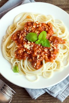 spaghetti bolognate with basil and parmesan cheese on the side in a white bowl