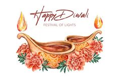 happy diwali festival of lights with watercolors and flowers on white background