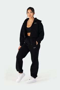 Model Specs: Jacqueline Is 5'2”, 128lbs And Wearing A Small (Reset Fleece Cropped Zip-Up Hoodie) Comfy Fleece Cropped Zip-Up Hoodie For Your Gym-To-Street Lifestyle, Or Just Lounging Fleece Tech DNA™ Technology (Ultra-Soft For Optimal Comfort And Warmth) Infi-Defense DNA™ Anti-Microbial Technology Kangaroo Style Side Pockets & Drawstring Waist For Customized Fit & Style TLF Signature Embroidered Logo On Left Chest And Back Hem Designed For: Low, Moderate, or High Impact Workouts & Cardio + All-D Oversized Zip Up Hoodie Outfit, Workouts Cardio, Street Lifestyle, Tlf Apparel, Oversized Sweatpants, Cropped Zip Up Hoodie, Cropped Zip Up