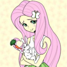 a drawing of a girl with pink hair holding a rabbit and broccoli in her hands