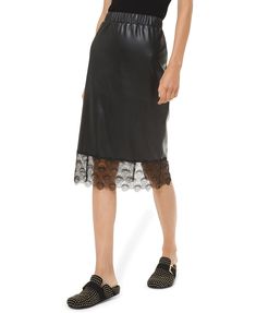 Approx. 30" long|Elastic waist; pencil silhouette|Lace trim at hem|Polyester|Machine washable|Imported Leather Skirt Black, Faux Leather Midi Skirt, Striped Maxi Skirts, Knee Length Skirt Pencil, Leather Midi Skirt, Pencil Skirt White, Black Leather Skirts, Leather Pencil Skirt, Slip Skirt