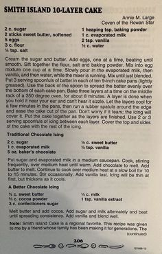 the recipe for smith island 10 - layer cake is displayed on a white paper sheet