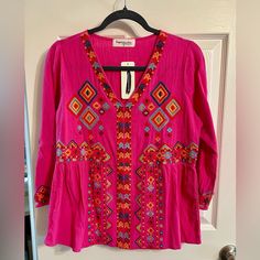 Pink Cotton Top With Colorful Design. Vneck And Three Quarter Length Sleeves. Nwt. Size Small. Pink V-neck Blouse For Vacation, Pink Bohemian Cotton Top, Pink V-neck Top For Spring, Pink V-neck Top For Vacation, 80s Womens Fashion, Safari Print, Grey Blouse, Yellow Blouse, Scarf Set