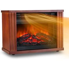 an electric fireplace is shown with the light coming from it's side and its flames glowing