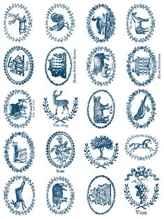 twelve blue and white images with animals in the middle, surrounded by laurel wreaths