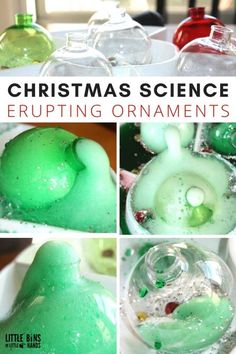 christmas science experiment for kids with green liquid and bubbles in the bowl, on top of a